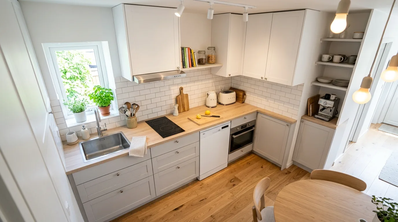 Industrial kitchen with concrete look countertop and black shelving