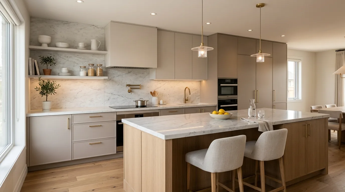 Compact galley kitchen with butcher block prep zone and quartz perimeter counters