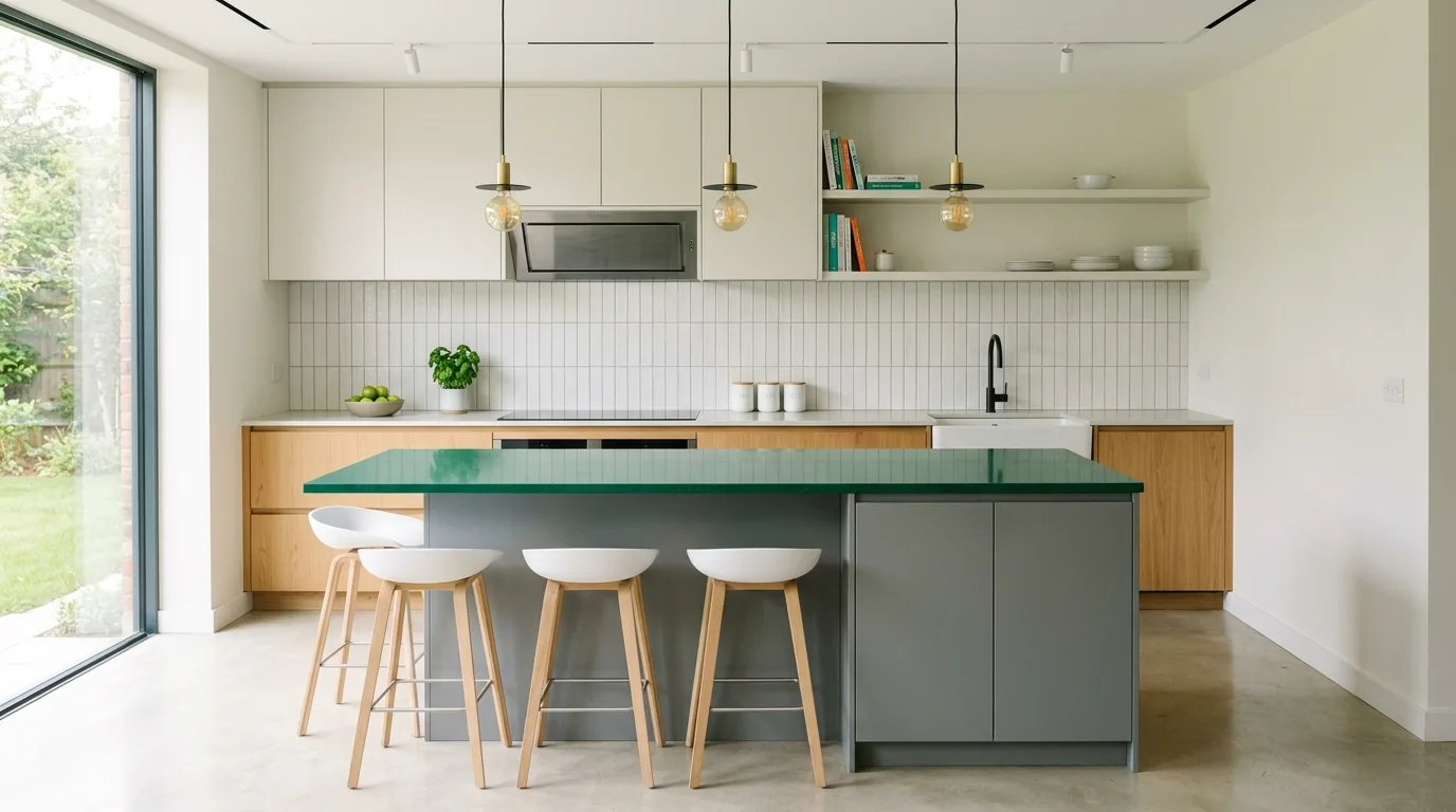 Modern kitchen island with thick slab countertop and integrated seating overhang