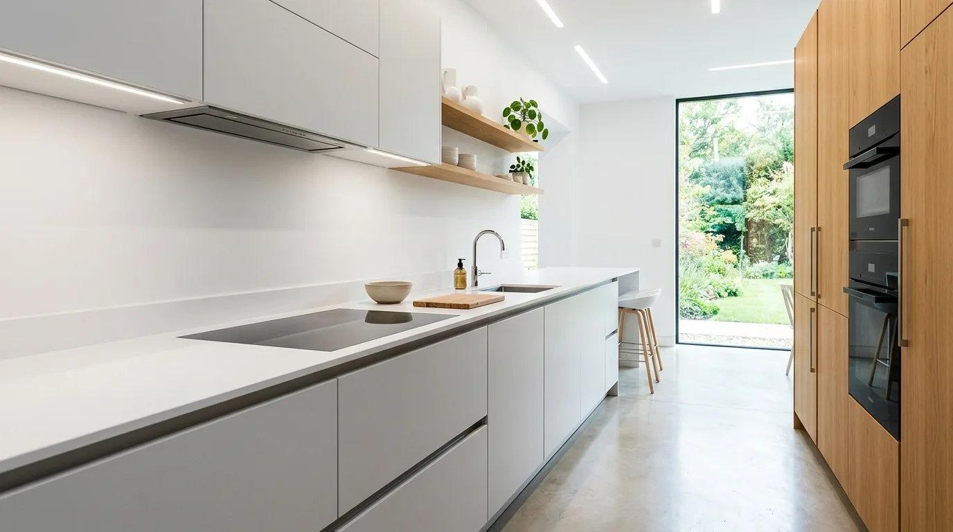Cream kitchen with subtle marble look surface and warm pendant light reflection