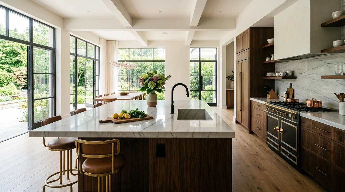 High end kitchen with honed stone counters