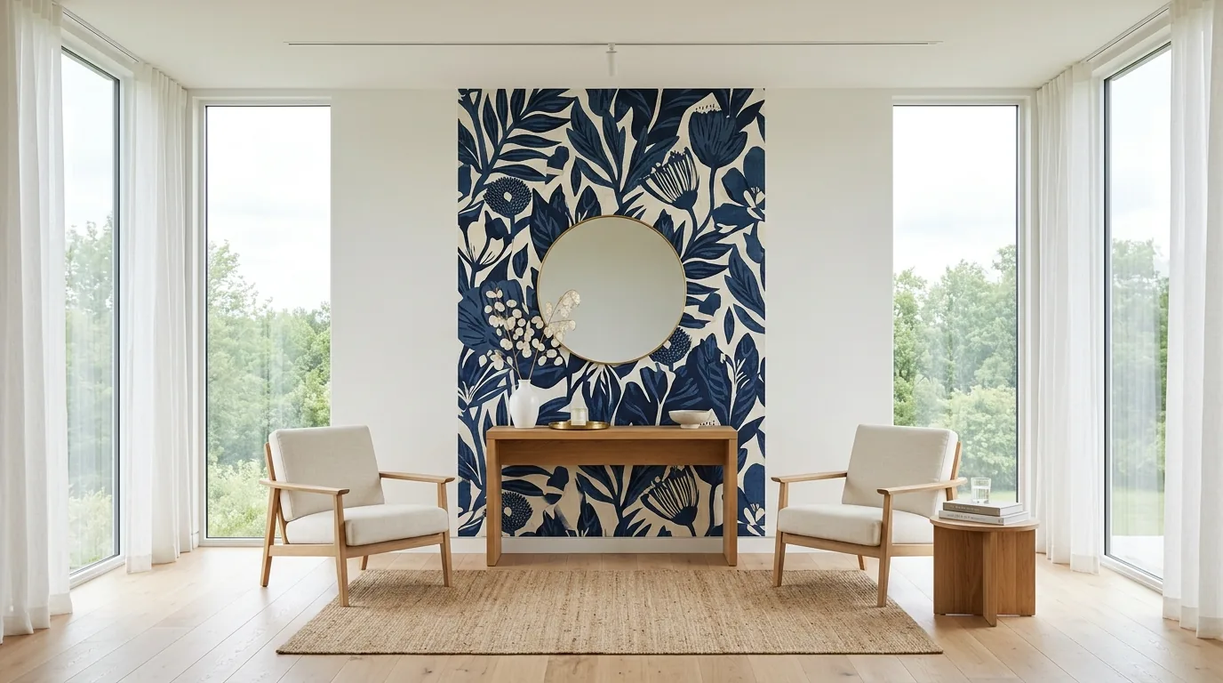 Living room with textured geometric wallpaper behind sofa