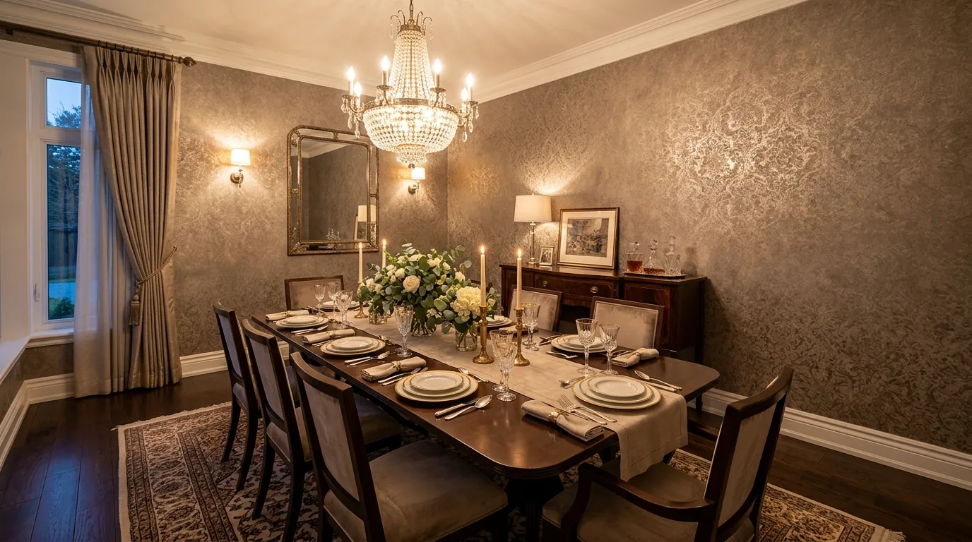 Dining room with mural wallpaper and candlelit table styling