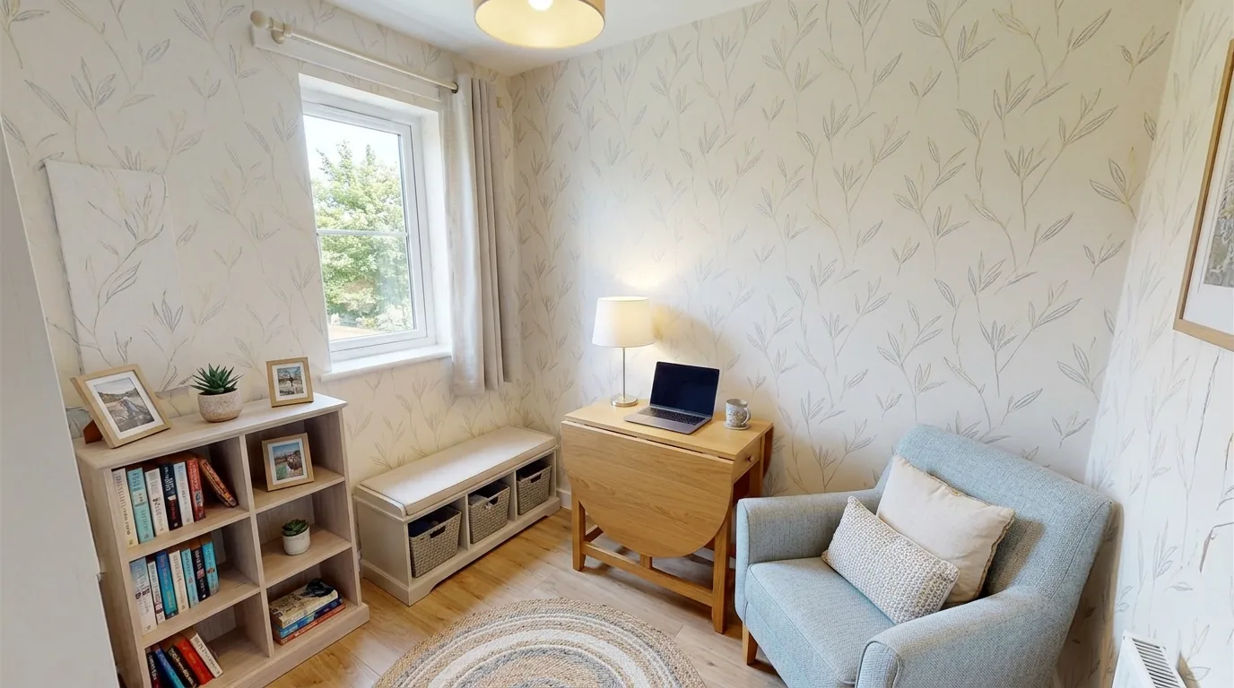 Nursery with whimsical cloud wallpaper and soft neutral furniture