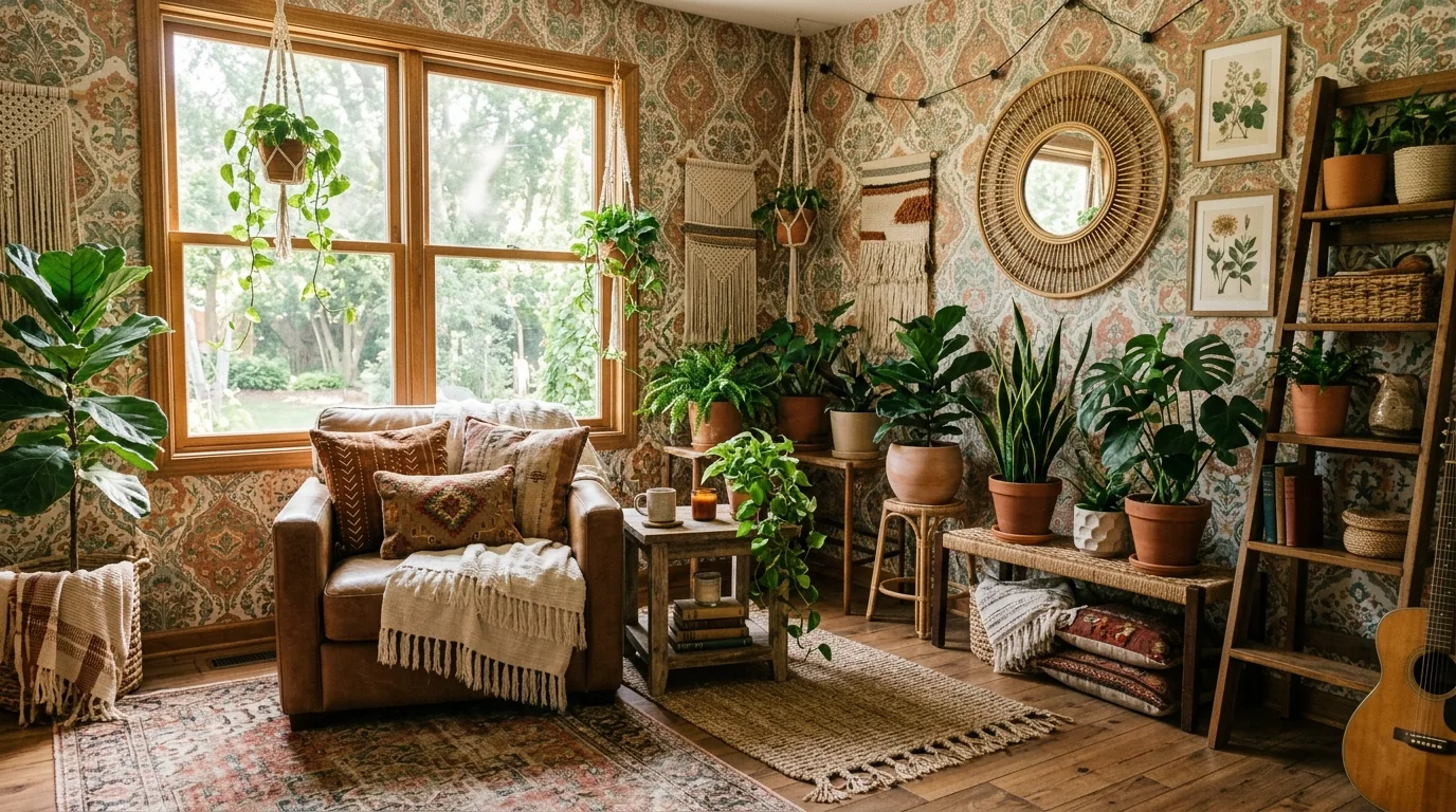 Entryway with striped wallpaper and slim console