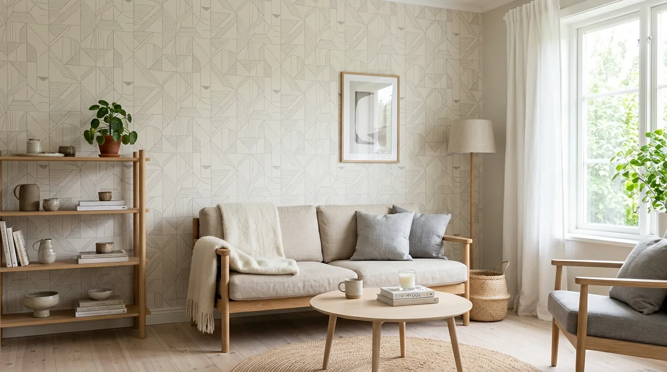 Scandinavian bedroom with soft tonal wallpaper and pale oak furniture