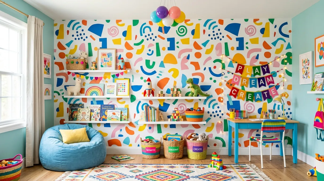 Small hallway with bold patterned wallpaper at the end wall