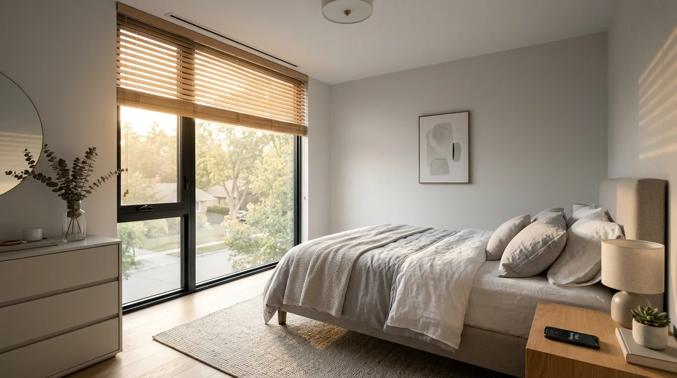 Bedroom with automated blackout curtains and dimmable bedside lights