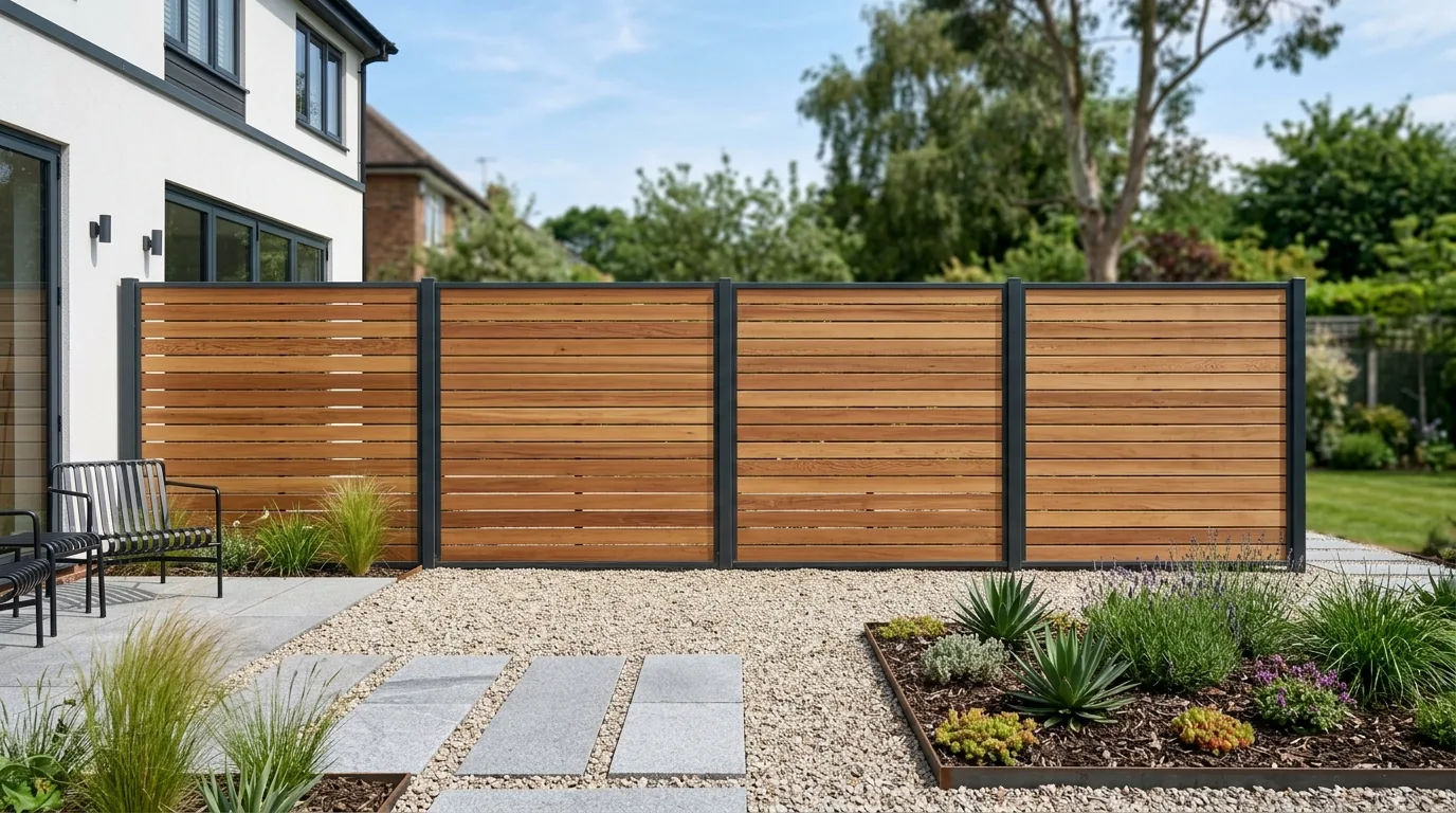 Natural wood slat fence with layered grasses and lavender border