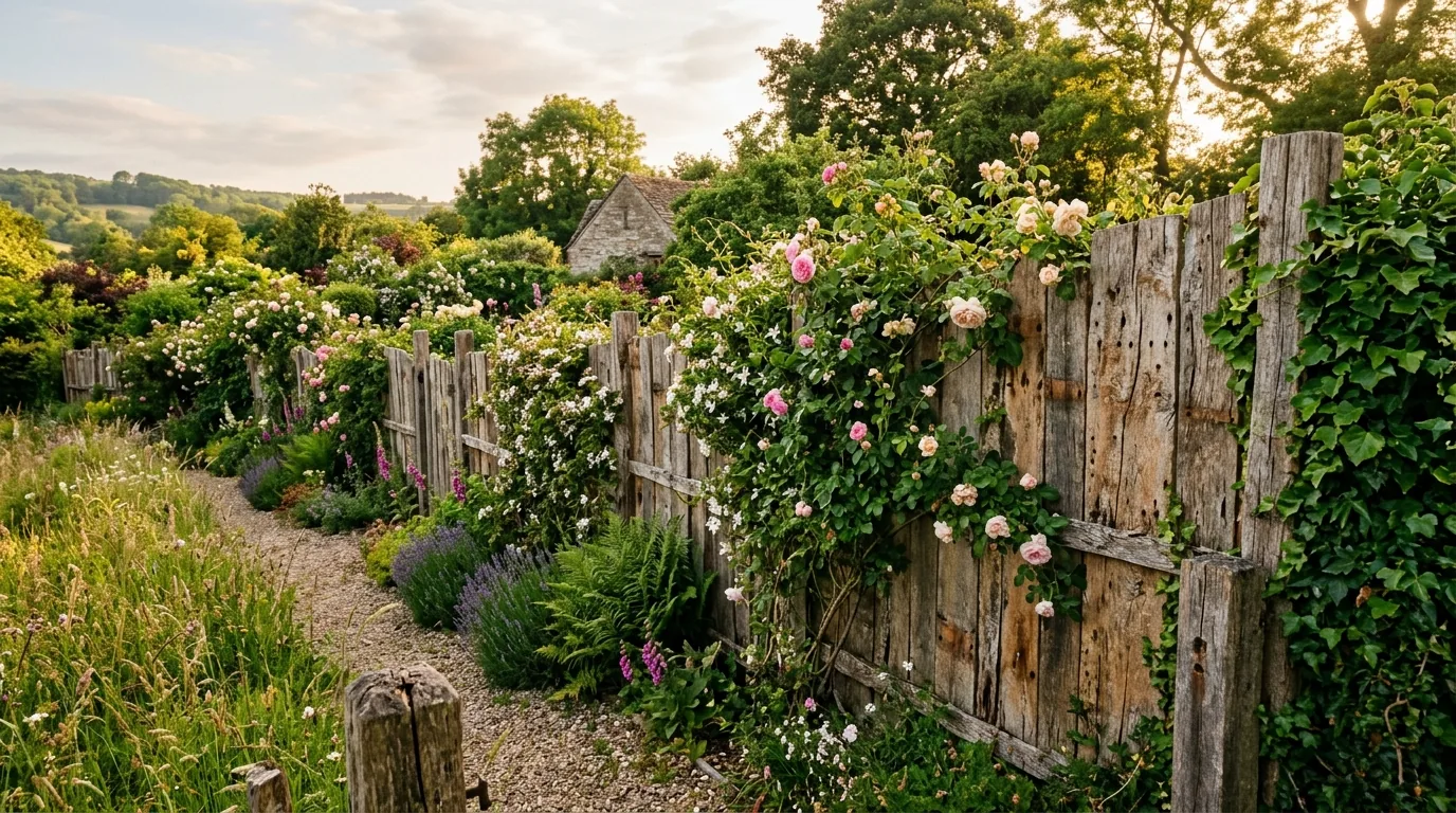 Cottage garden fence painted sage green with arched gate and flowering vines