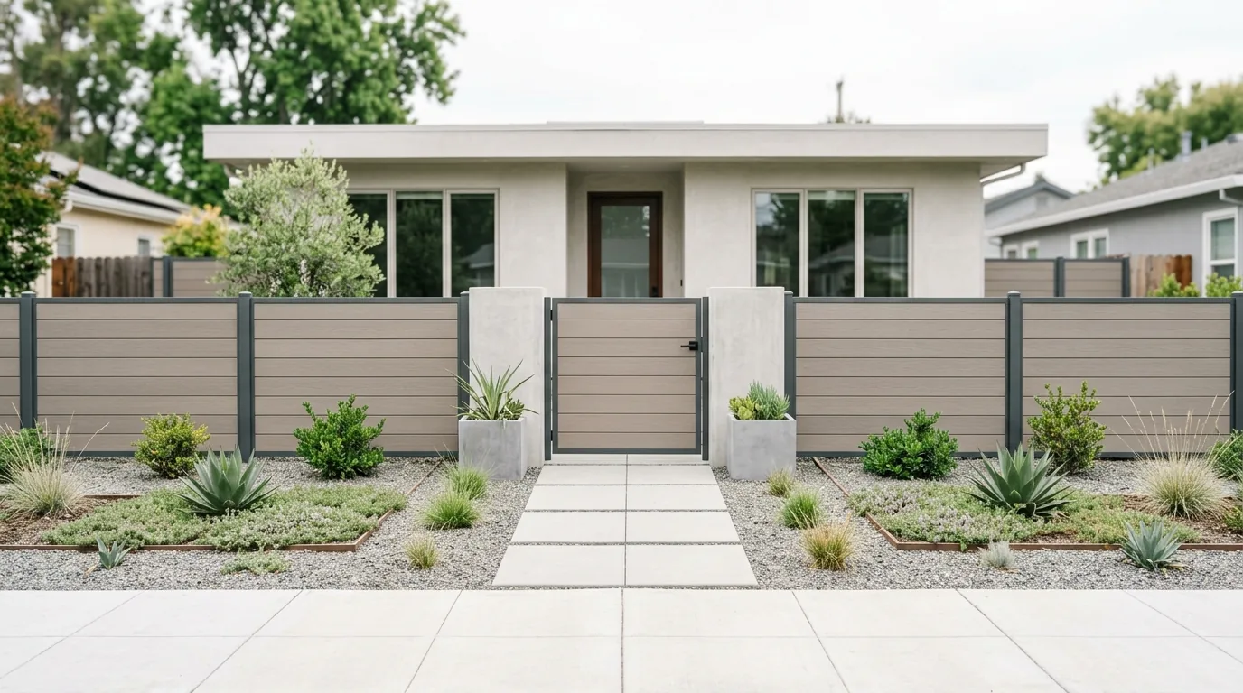 Black metal garden fence with clipped hedges and gravel path