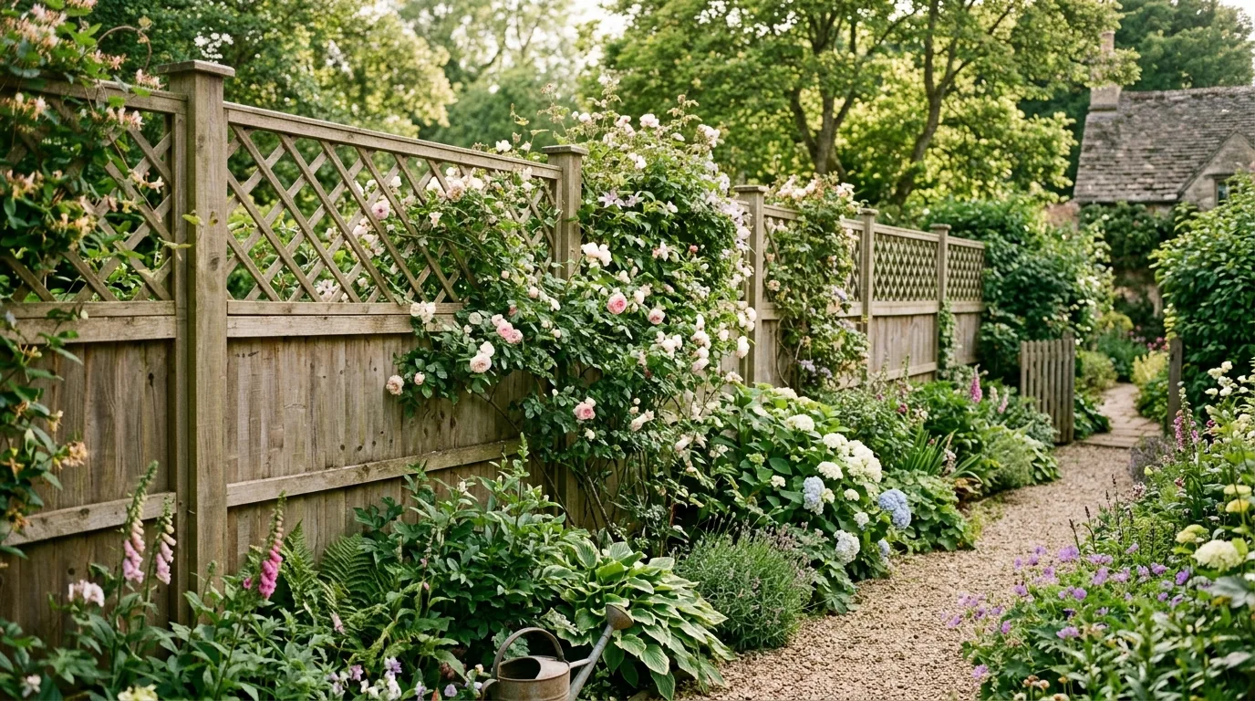 Small backyard fence with lattice top and planter boxes