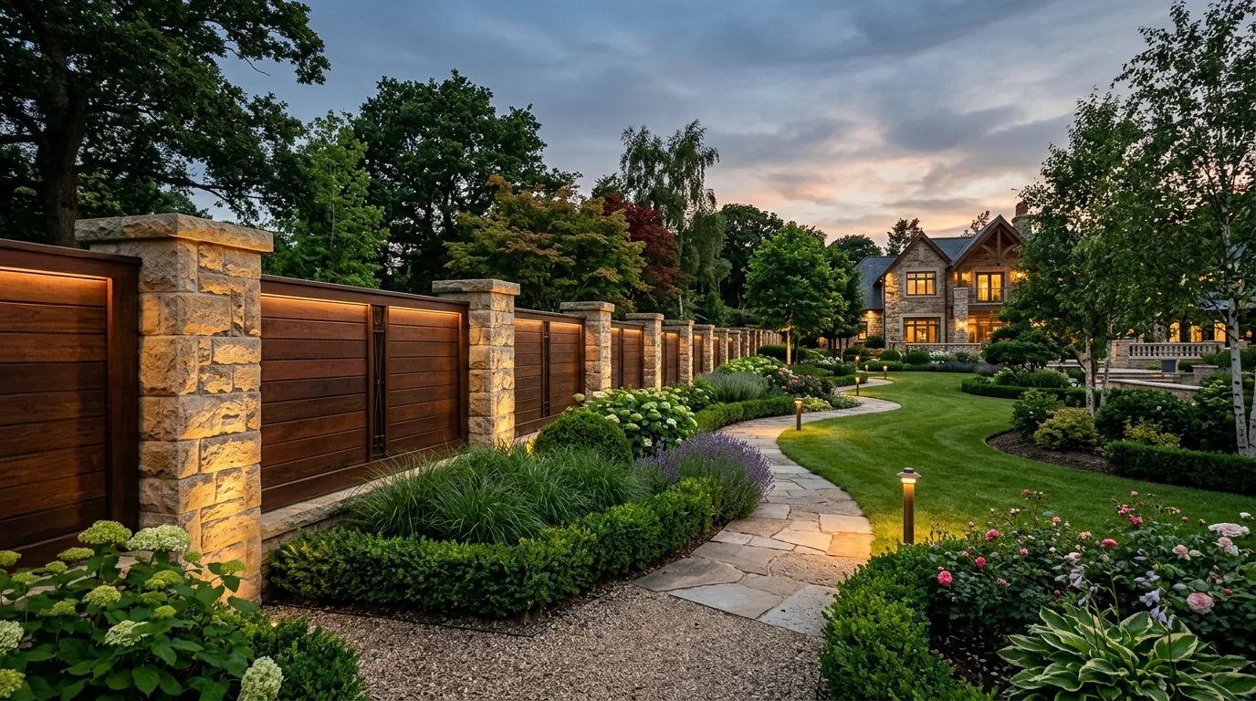 Farmhouse style fence with warm wood finish and lantern gate posts