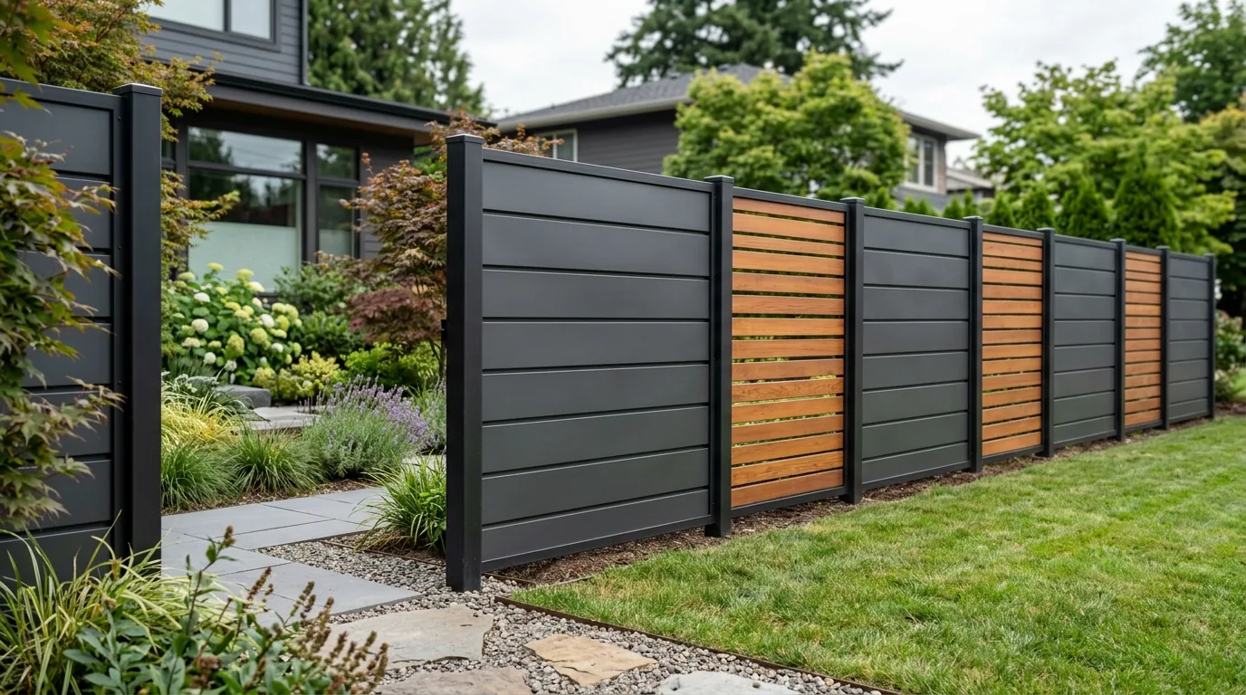 Horizontal cedar fence with built in bench planter zone