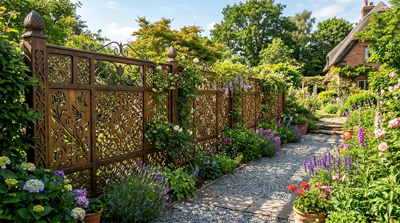Urban garden with slim privacy fence and vertical greenery panel