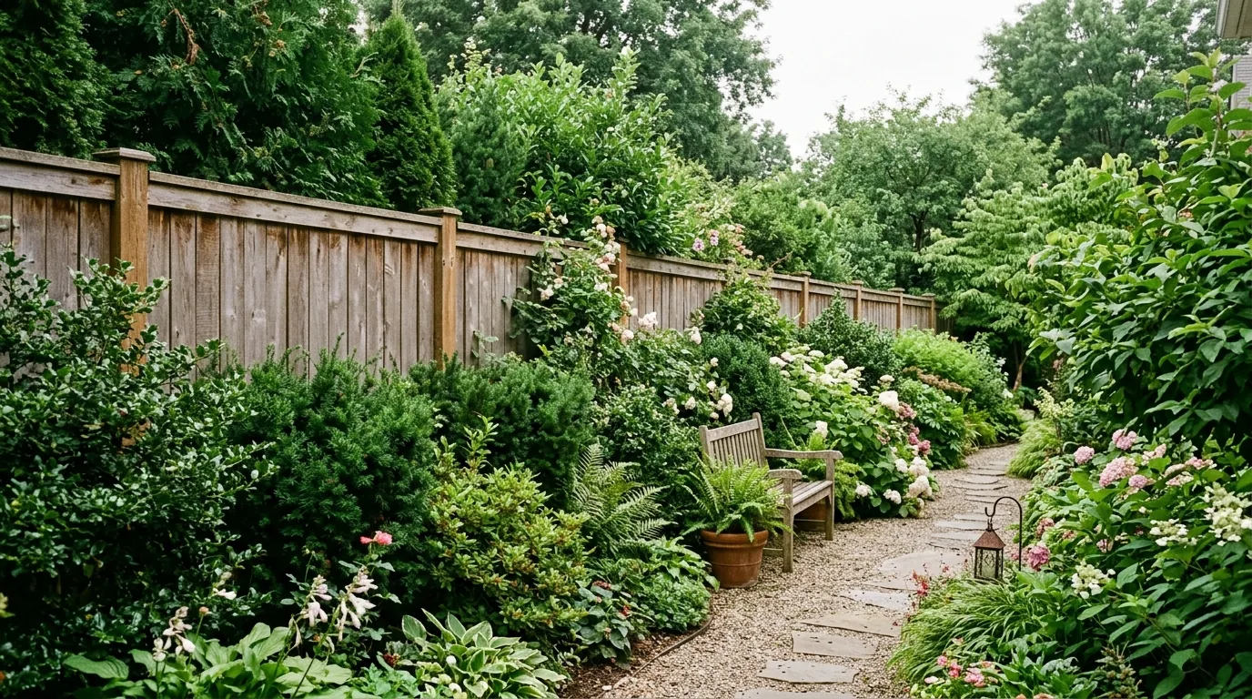 Decorative fence with scalloped trim and cottage flower beds