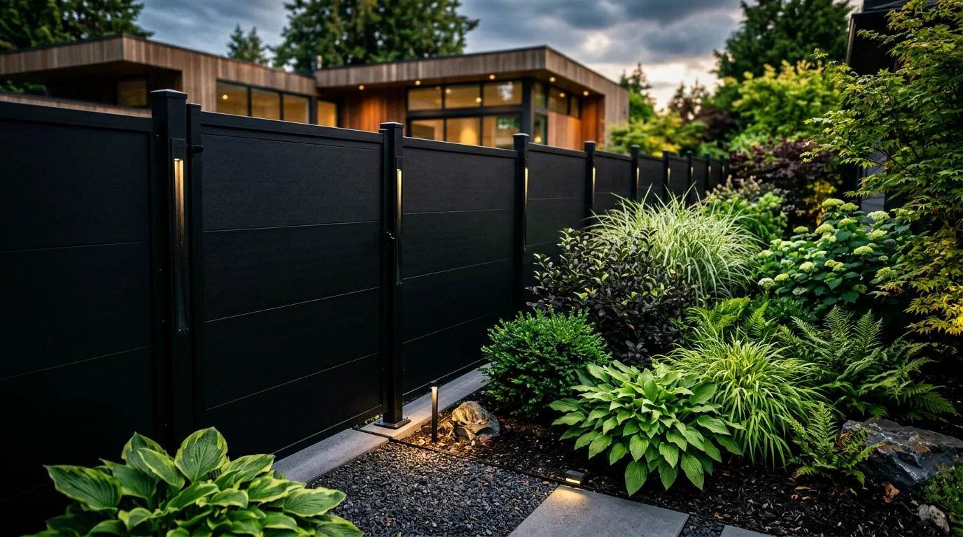Dark charcoal fence behind pale planting and warm wood gate