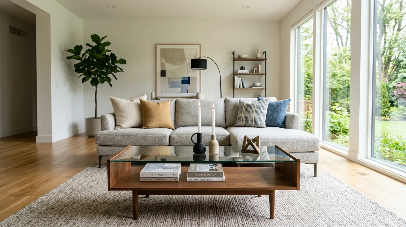 Neutral sofa layered with textured throw pillows and knit blanket