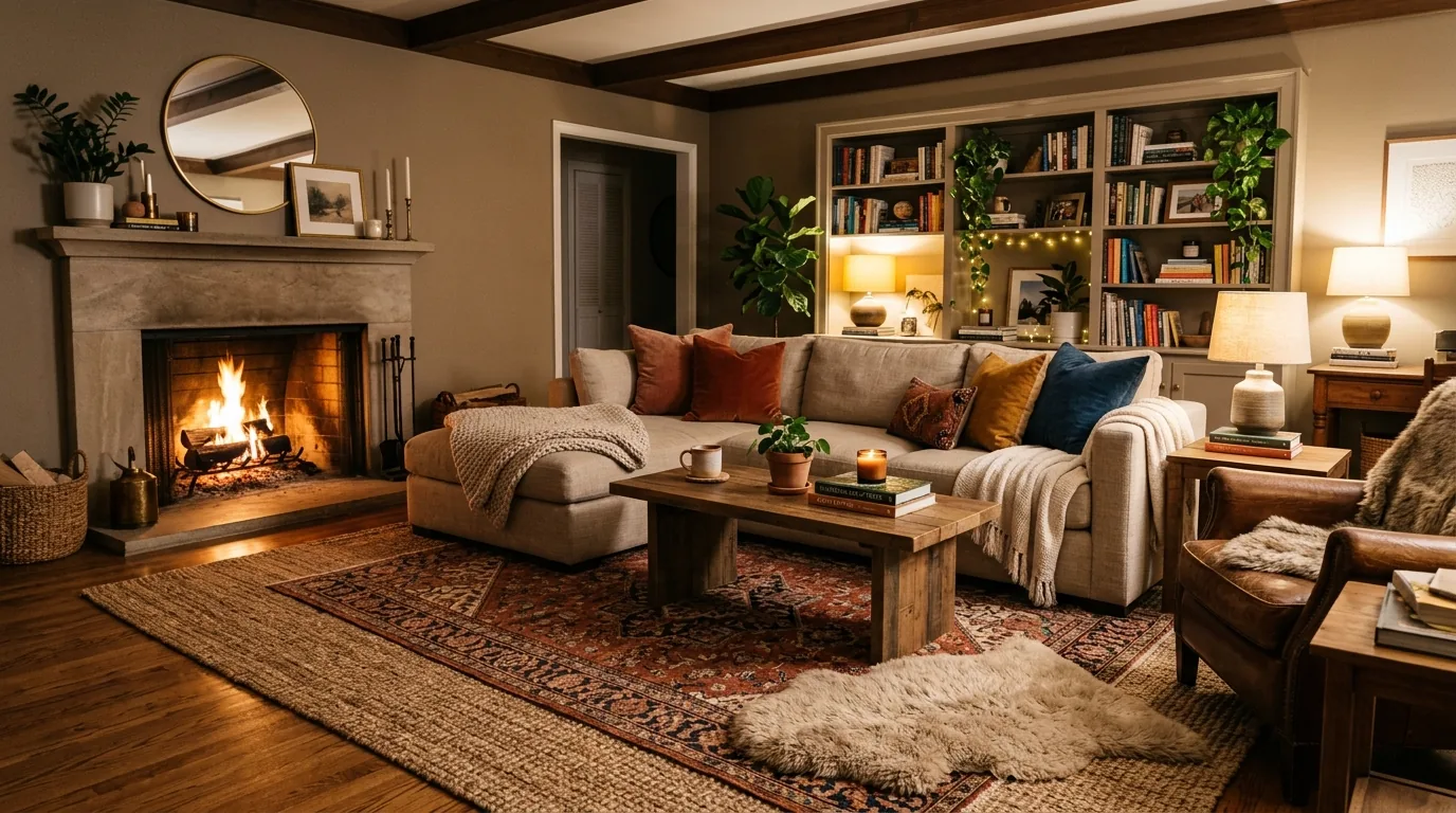 Console behind sofa with table lamp
