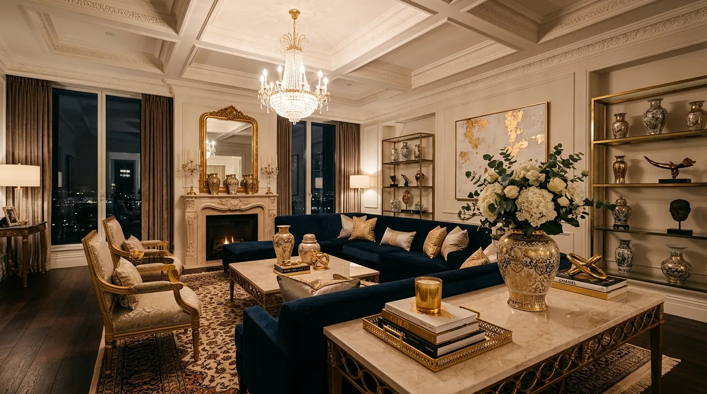 Coastal room with blue striped cushions