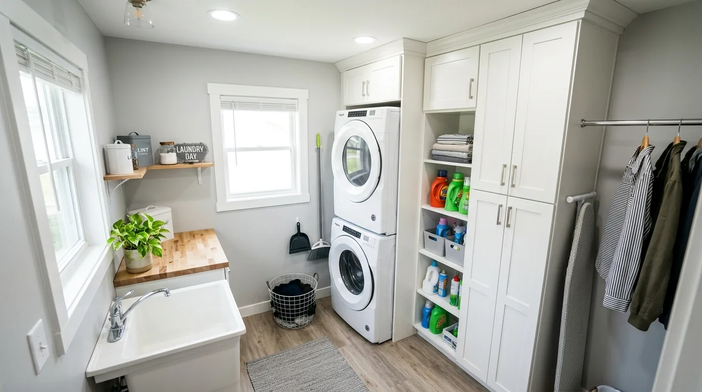Long laundry room with side by side machines