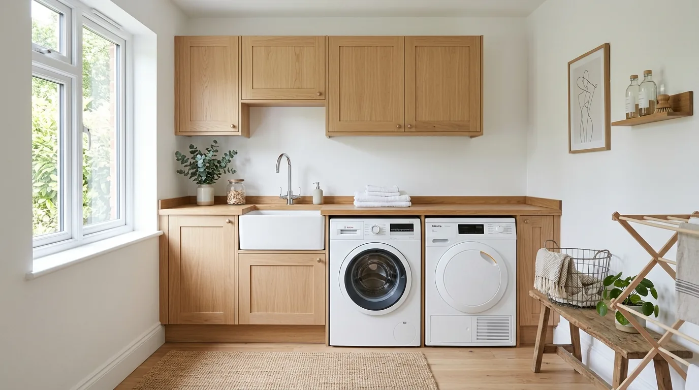 Scandinavian laundry room with pale wood cabinetry