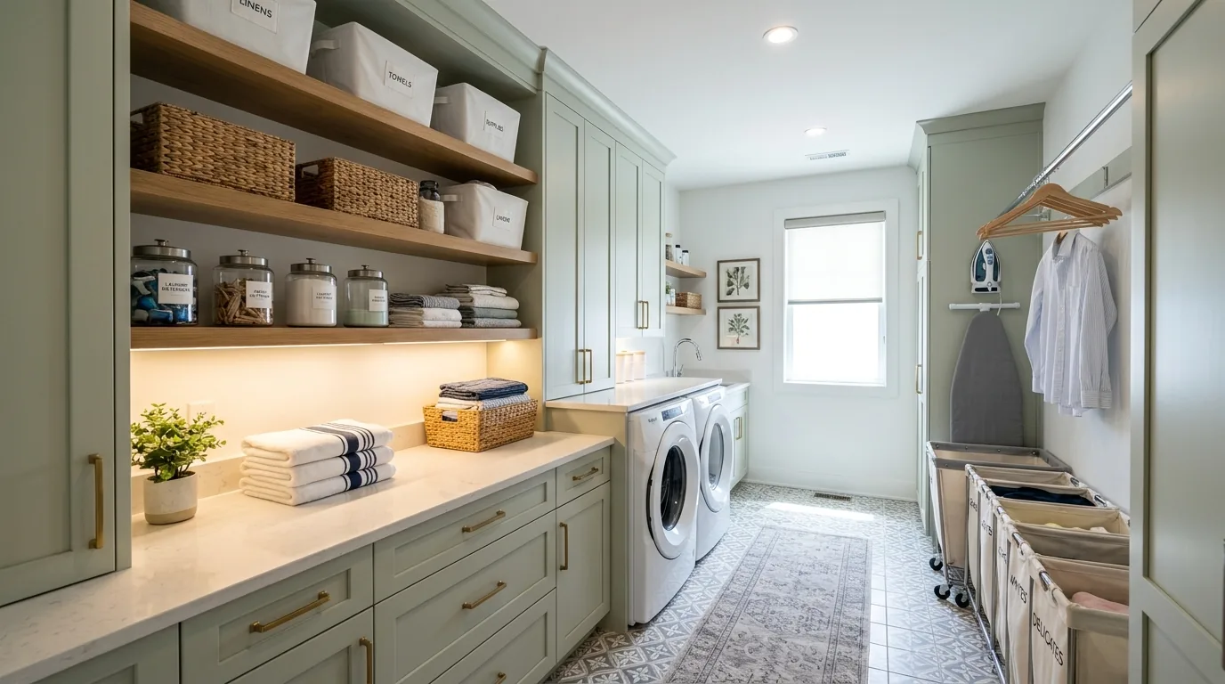 Compact apartment laundry nook with slim counter and wall shelf above machines