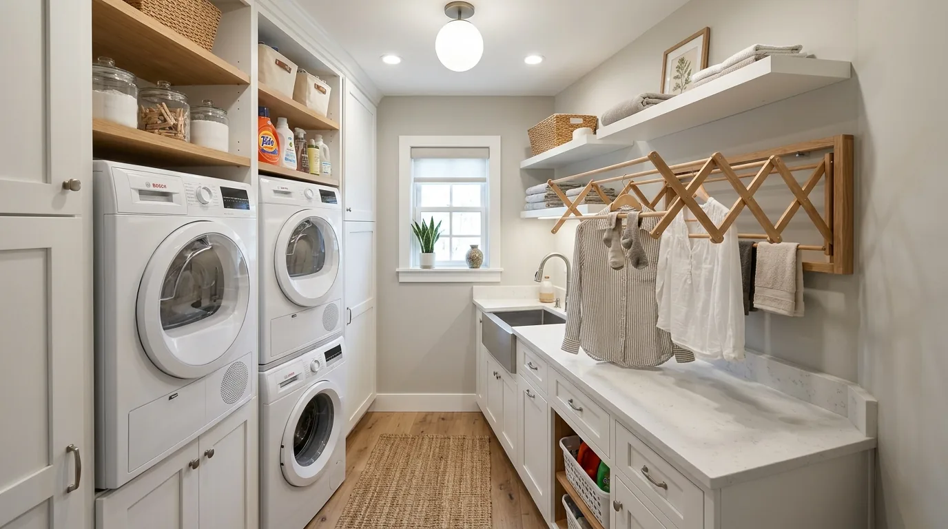 Luxury laundry room with stone counter