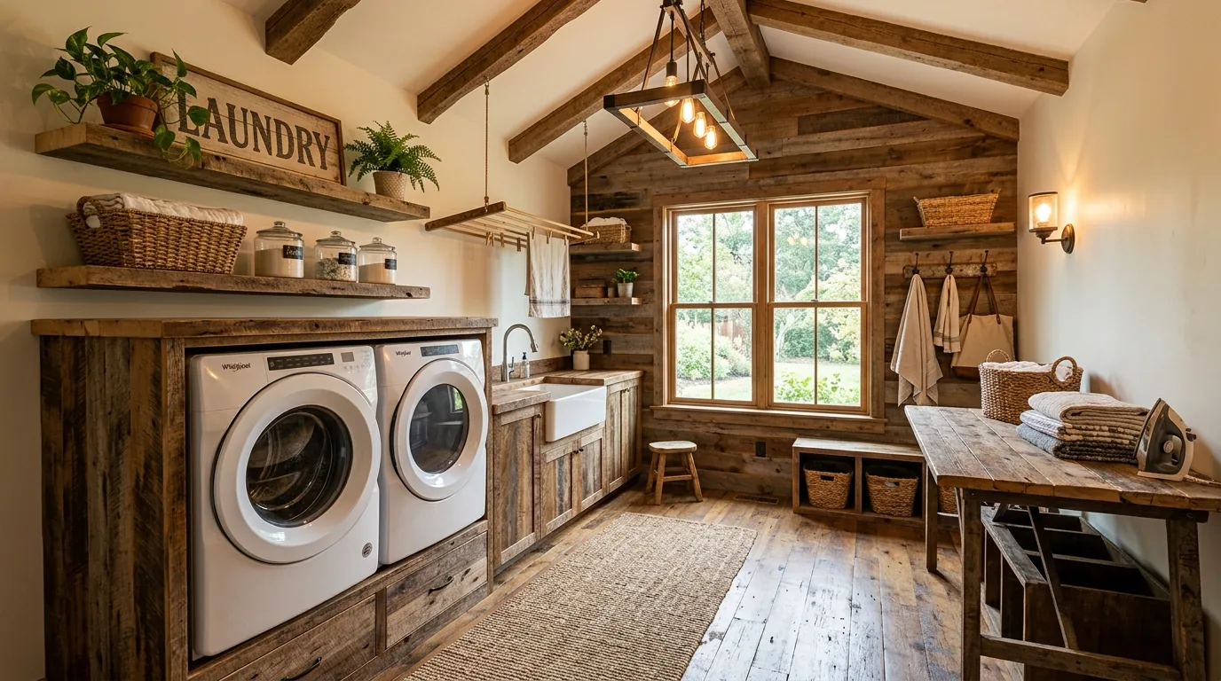 Laundry room with bold tile floor and soft neutral cabinets