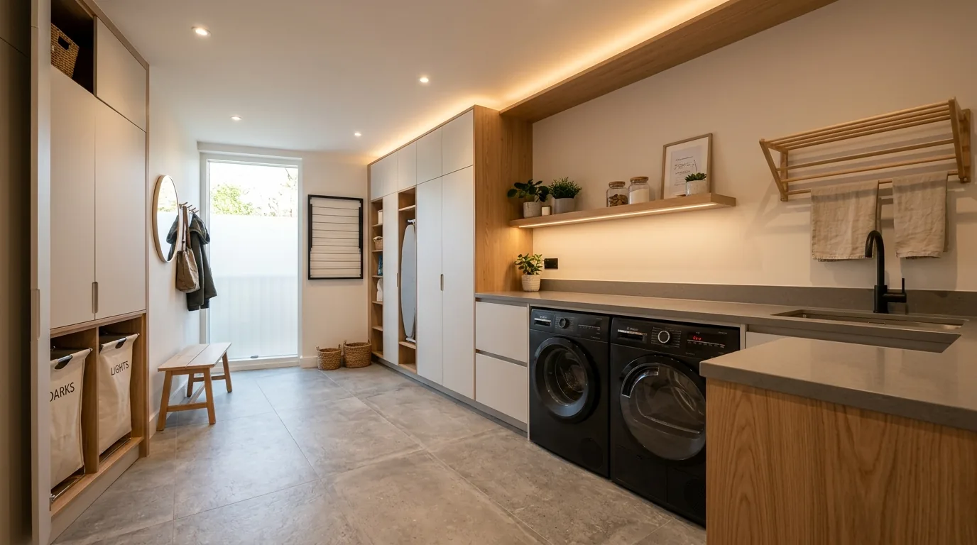 High end laundry room with custom storage wall