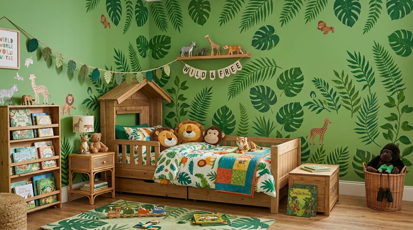 Jungle theme room with leafy mural