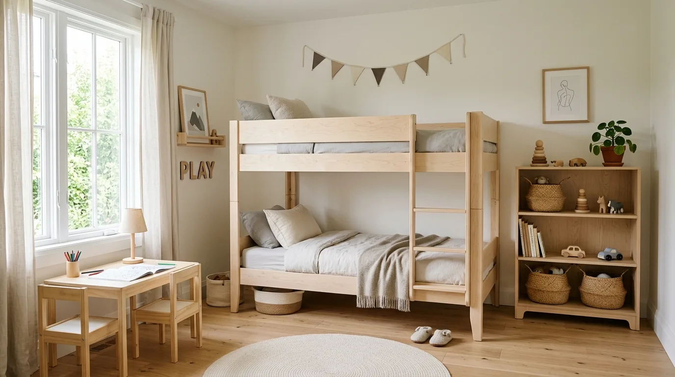 Scandinavian kids room with mountain mural and soft wood accents