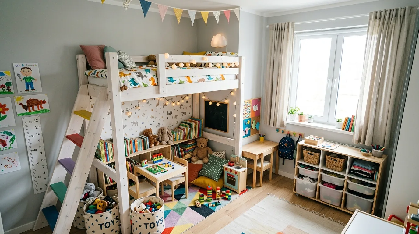Creative art themed bedroom with pegboard wall