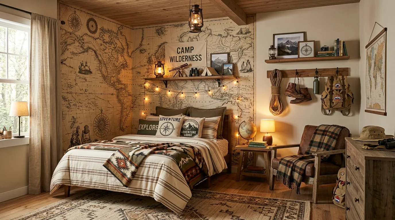 Camping themed room with tent nook