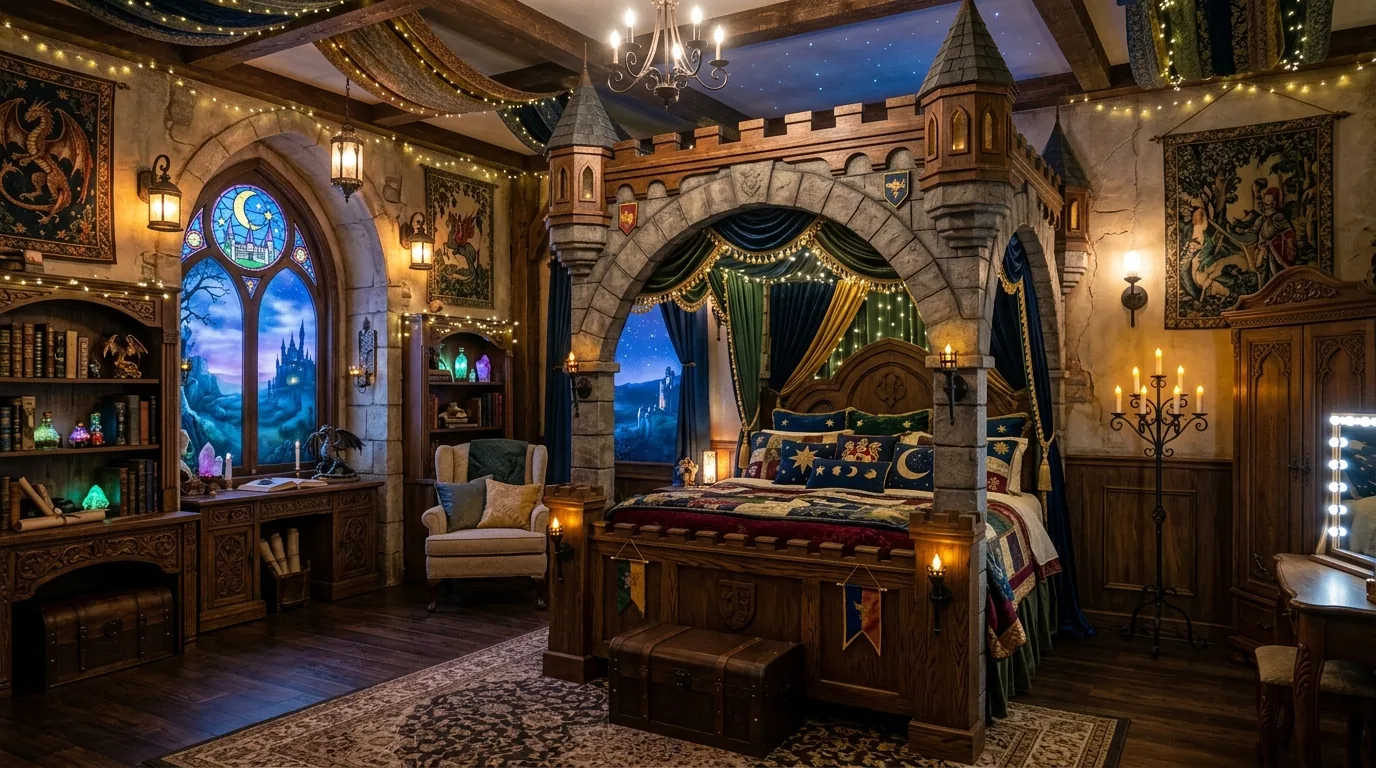 Superhero room with bold graphic art and dark accent wall