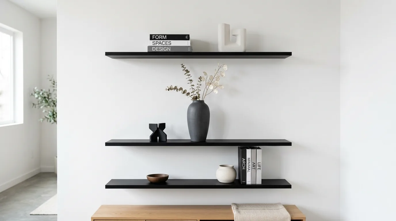 Built in shelves mixing ceramics and leaning artwork