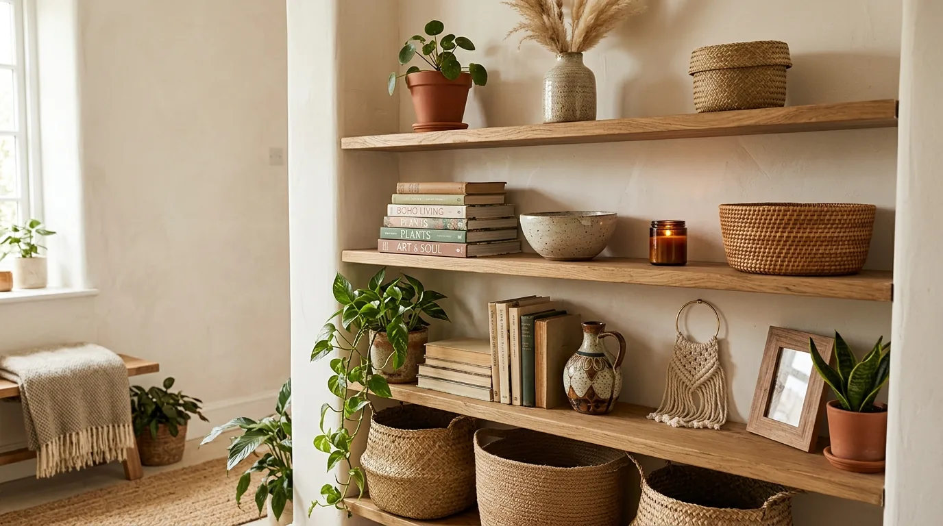 Styled shelves repeating one sage green accent color