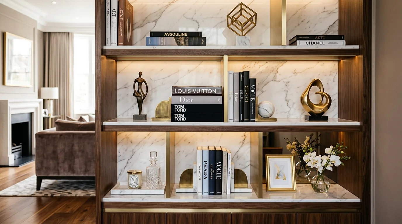 Bookshelf arrangement with sculptural objects and low bowls