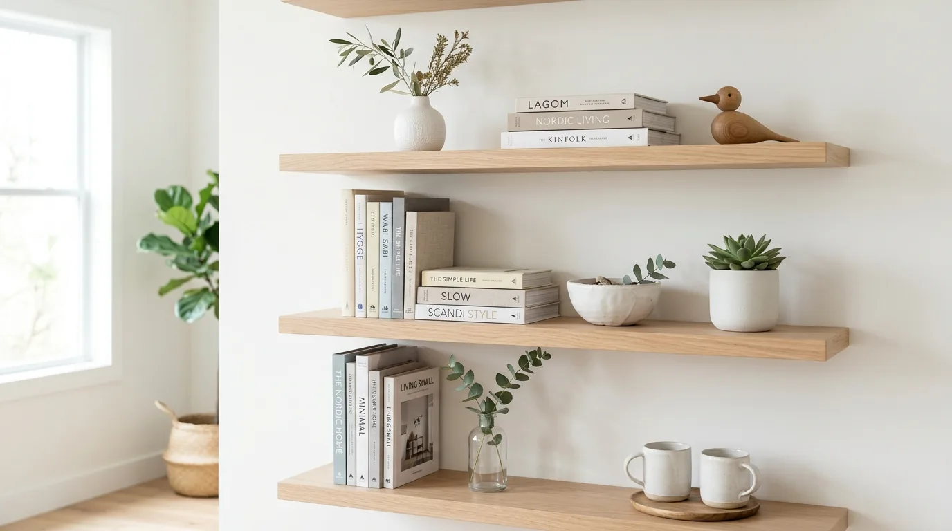 Lower shelves filled with woven baskets and concealed storage