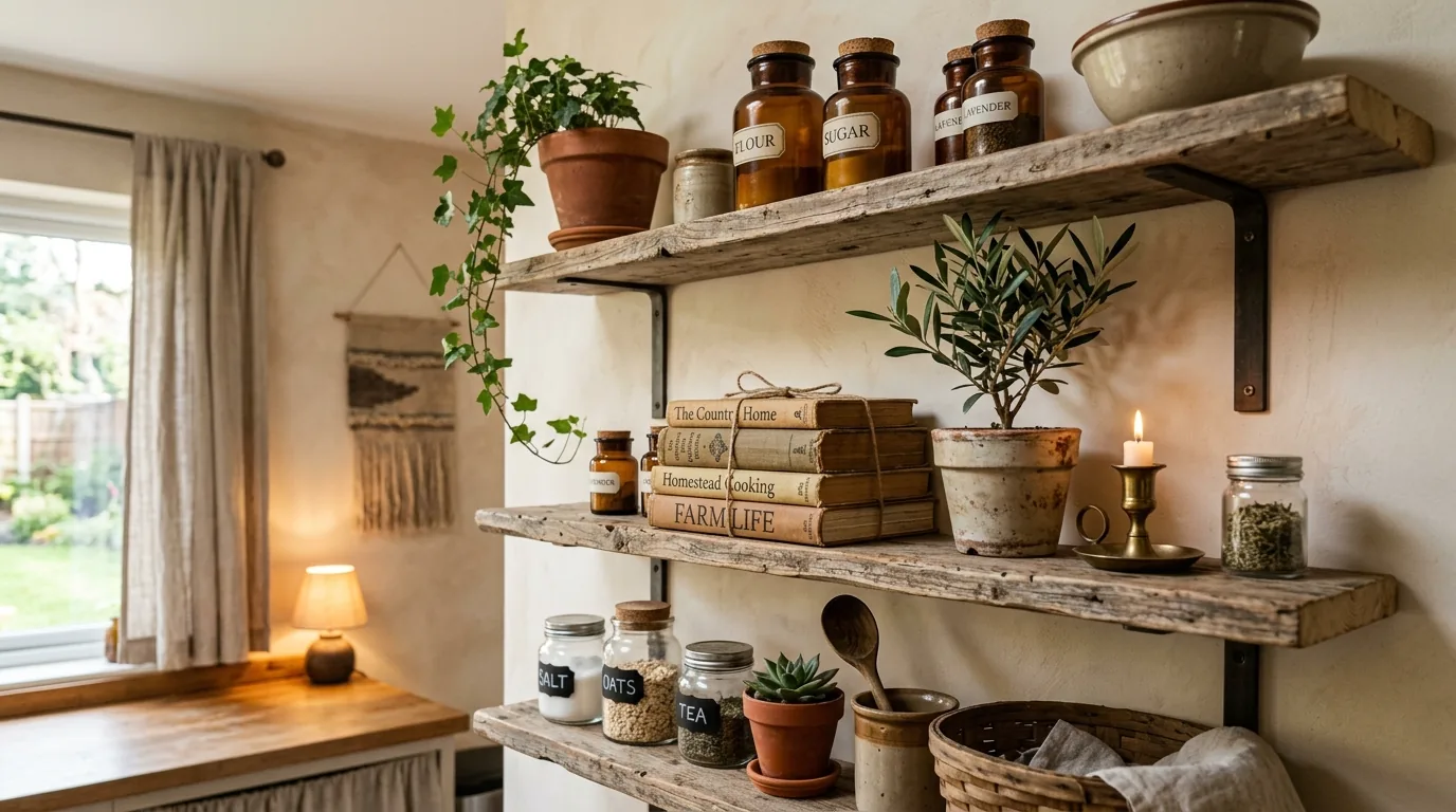 Shelf styling with tall branches in oversized vase