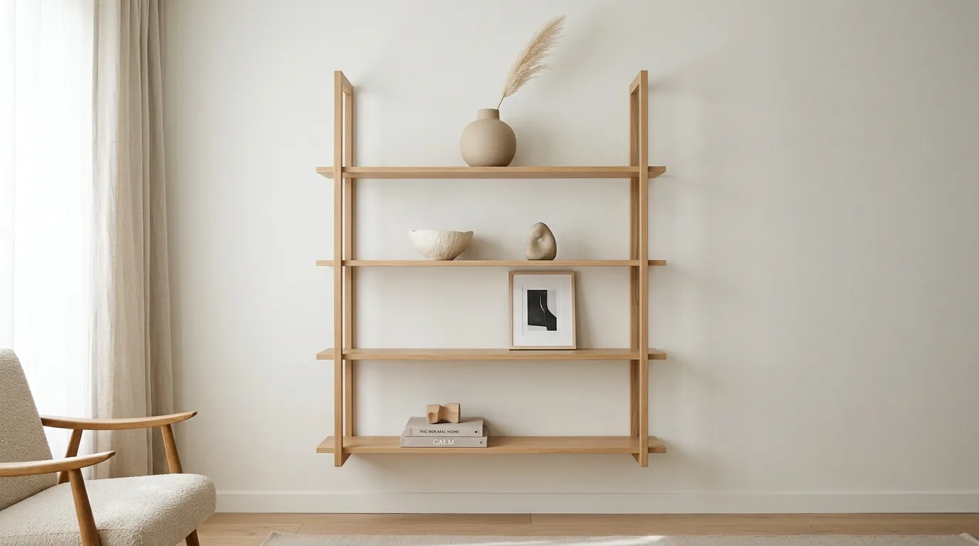 Bookshelves styled with trailing greenery and mossy stems