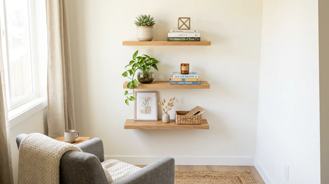 Shelves mixing matte pottery with glossy glass accents