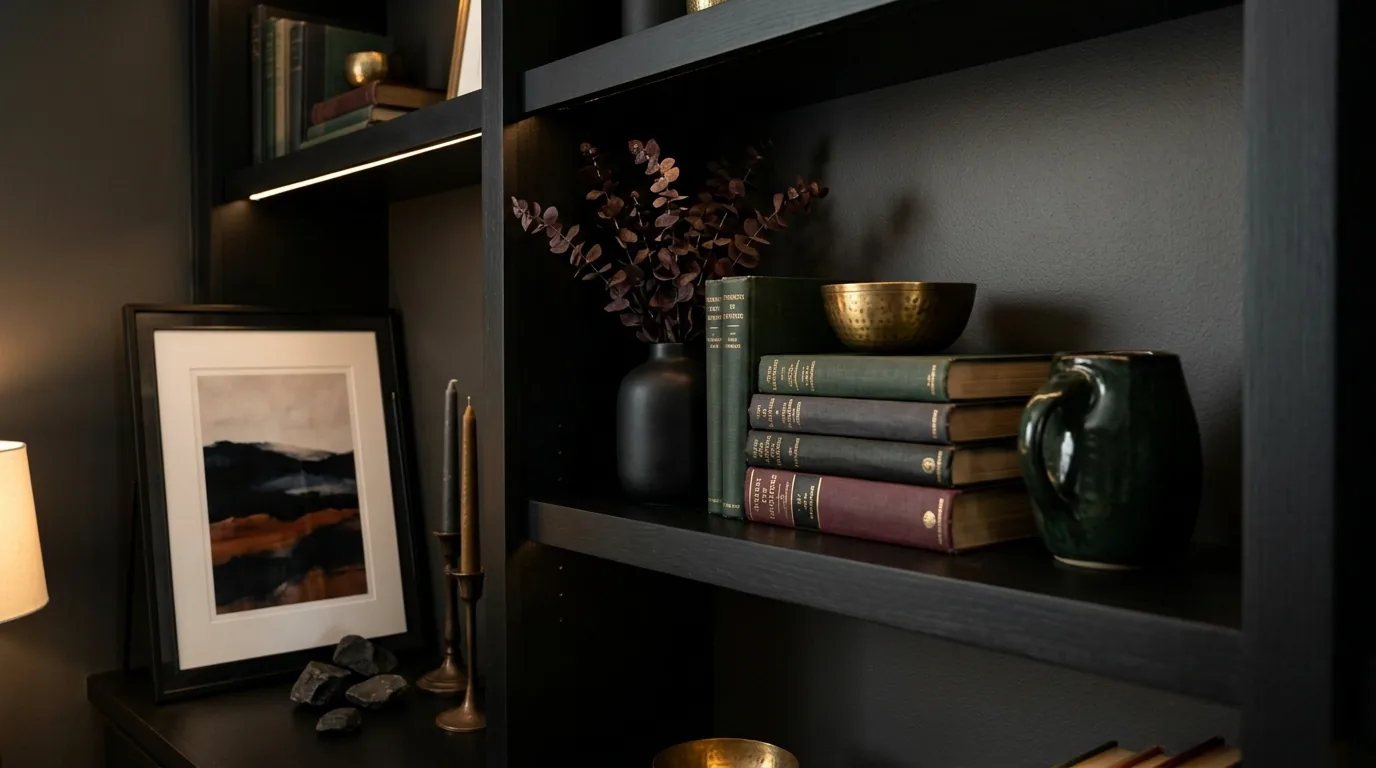 Curated shelves displaying travel finds and collected treasures
