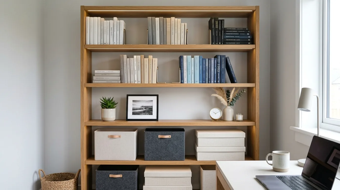 Styled shelves using trays and small bowls to group accessories