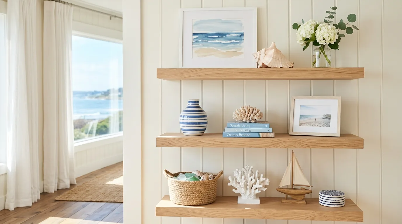 Seasonally refreshed shelves with light florals and woven textures