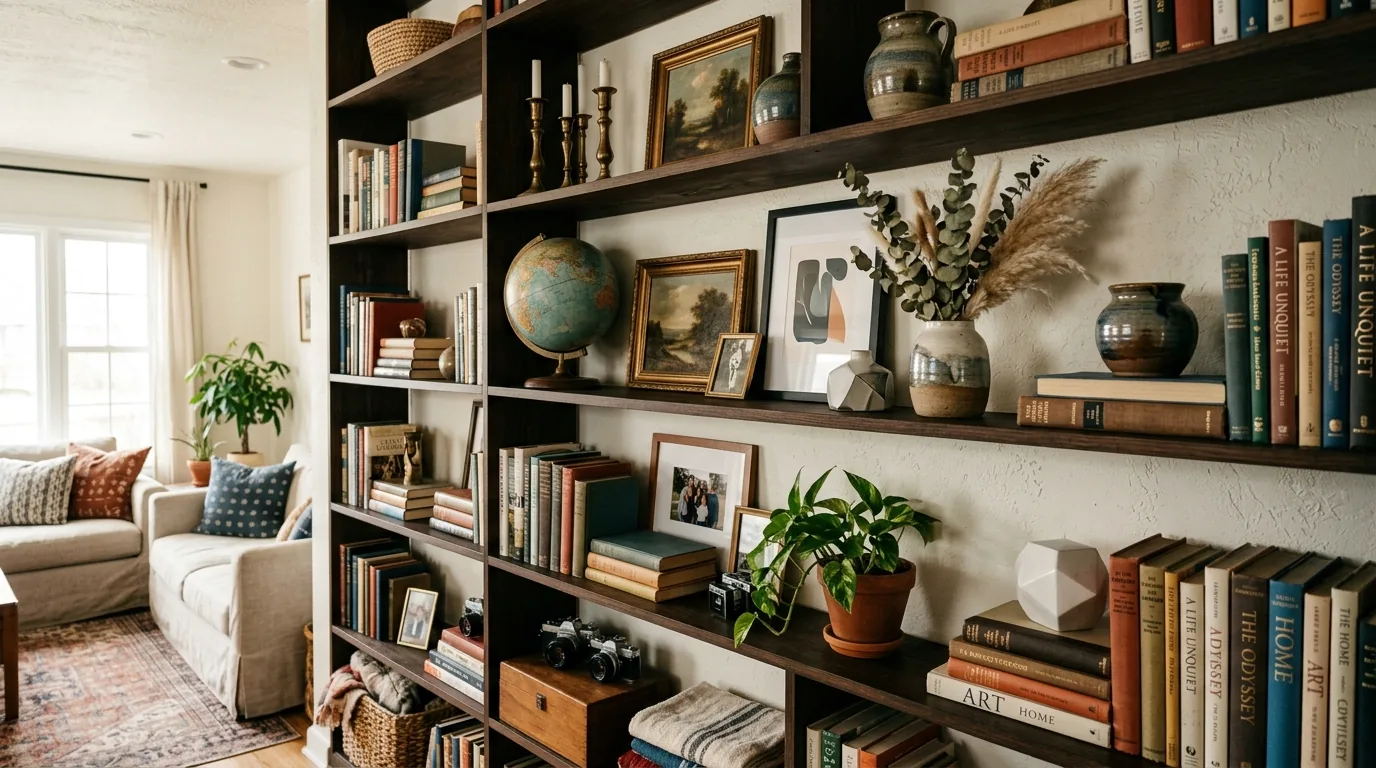 Functional shelf styling that combines closed storage boxes with display objects
