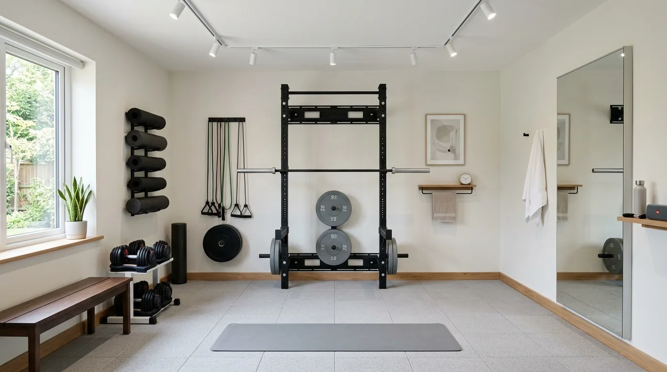 Garage gym with black storage cabinets