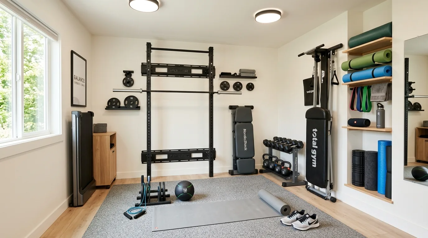 Small spare room gym with foldable bench and mounted resistance bands