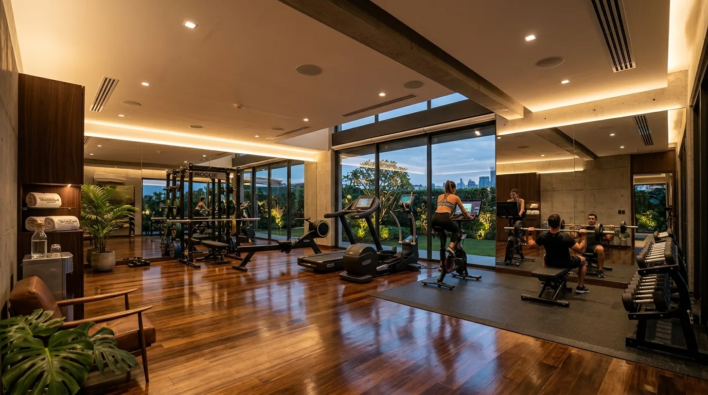 Bright wellness room with treadmill facing window and calming neutral palette