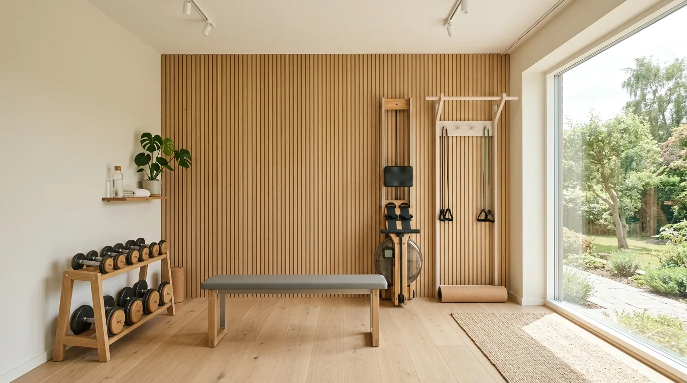 Scandinavian home gym with pale wood storage and soft daylight